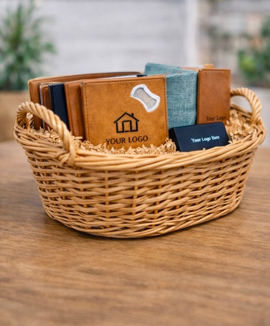 Wicker basket with branded leather products.