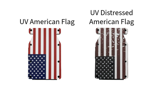 Two American flags, one UV American Flag and one UV Distressed American Flag.