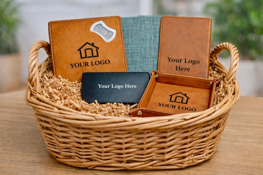 This is a corporate gift basket comes with leatherette coaster with a bottle opener built inside it, portfolio to keep track of your everyday tasks, leatherette tray to hold items like keys, wallet etc. It also comes with a battery bank to charge your phone. 