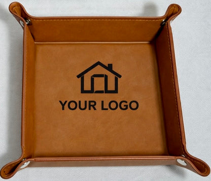 Brown leatherette tray with a house logo and 'Your Logo' text. fully customizable. 