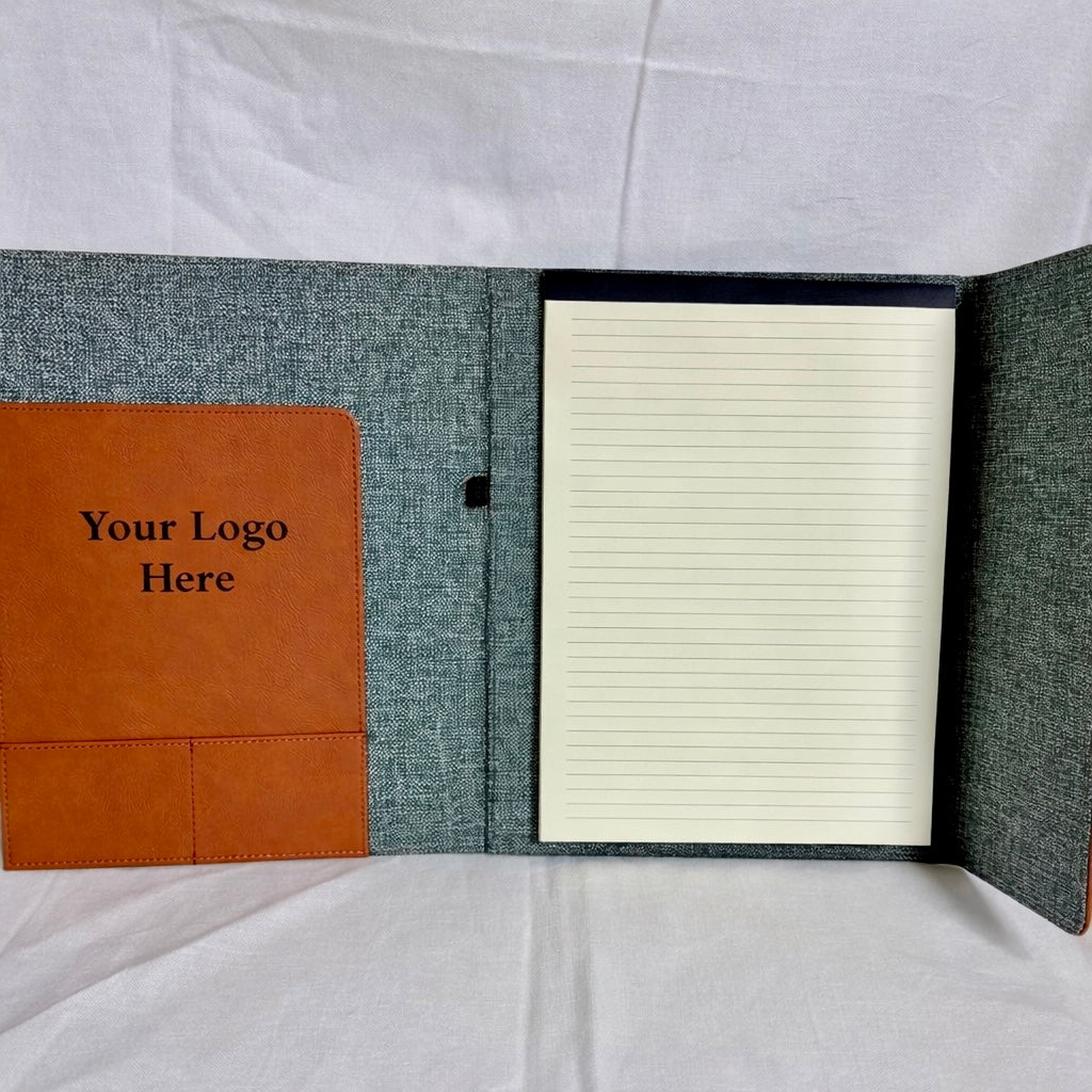 Notebook with a brown leatherette pocket inside to store business cards and lined pages