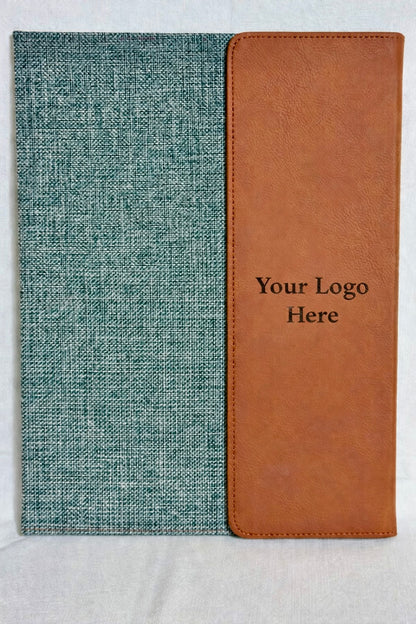 Two-tone fabric and leather menu cover with customizable logo.