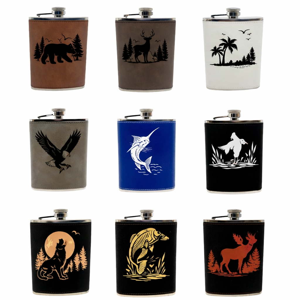 Collection of flasks with various animal and nature-themed designs.
