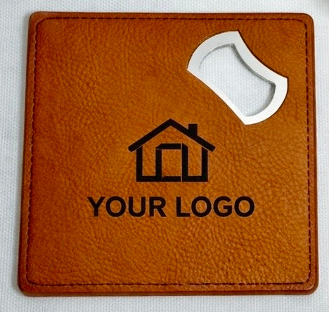 Brown leatherette coaster with bottle opener and customizable logo.