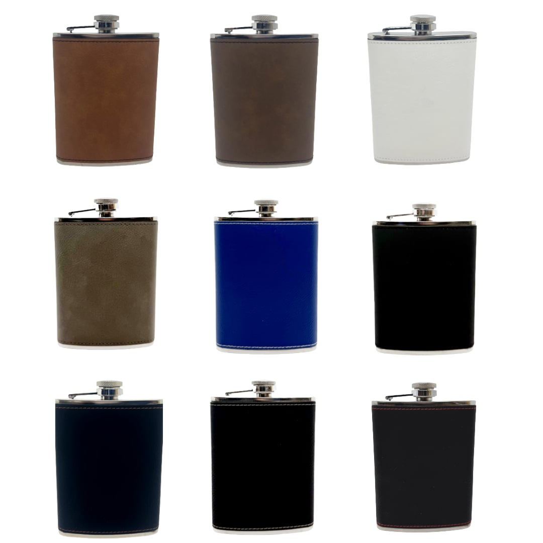 Set of nine leatherette flasks in various colors.