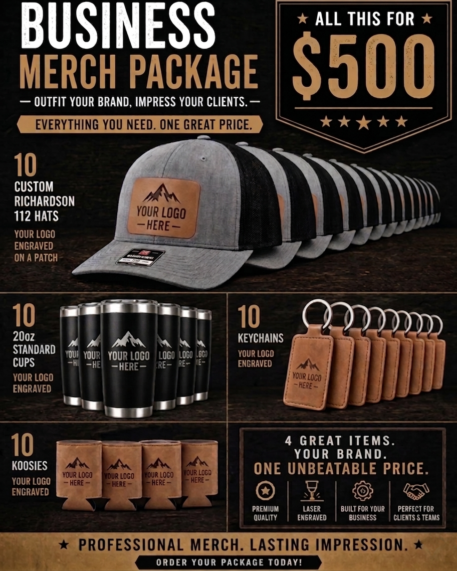 Promotional graphic for a business merch package with hats, cups, keychains, and koozies on a dark background.